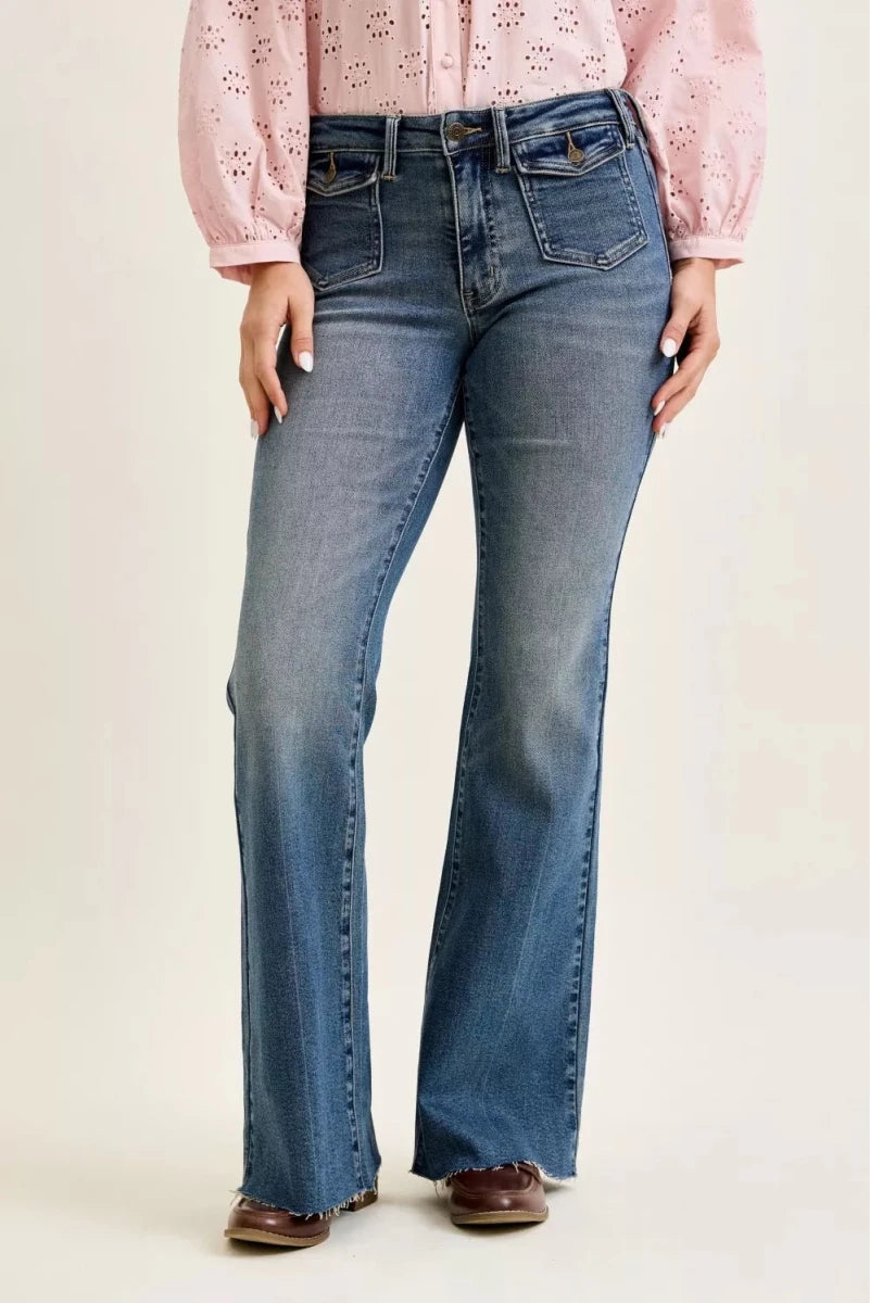 Judy Blue Mid Rise Flare Jeans with Front Pockets - AMVIM