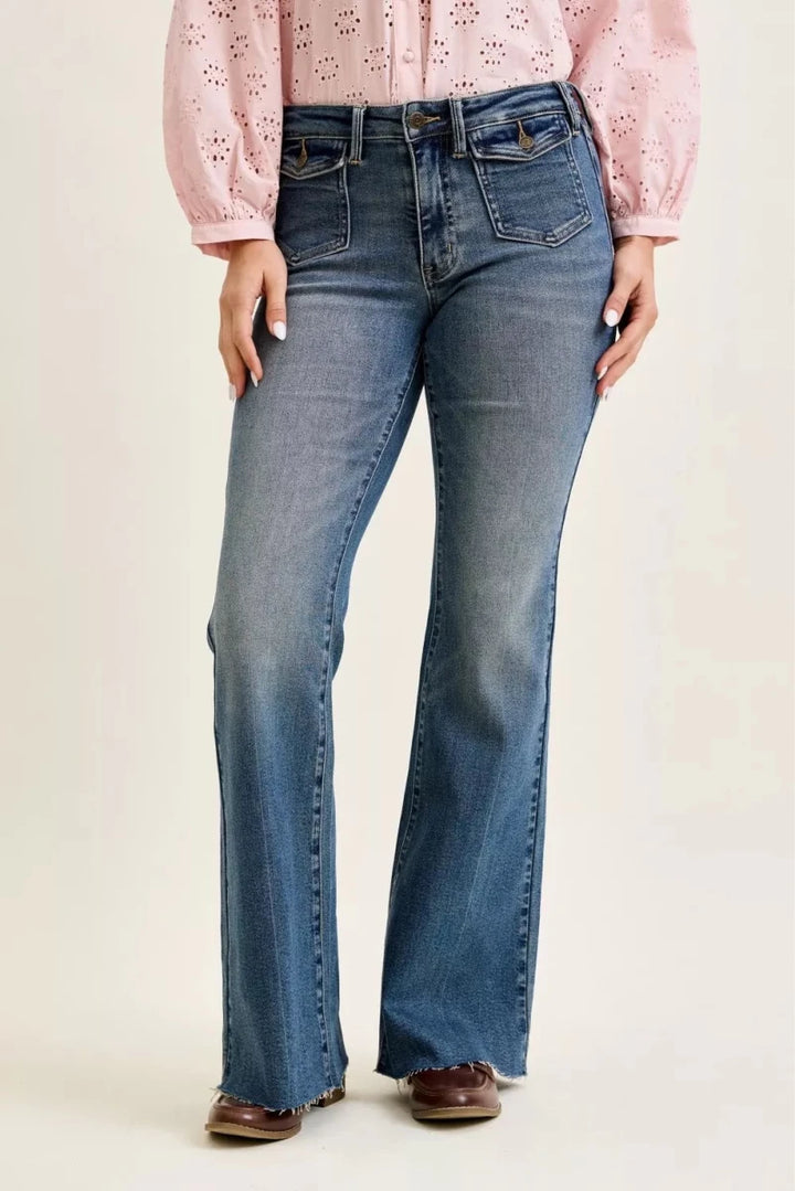 Judy Blue Mid Rise Flare Jeans with Front Pockets - AMVIM