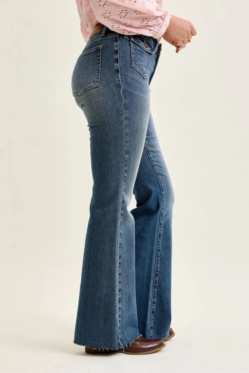 Judy Blue Mid Rise Flare Jeans with Front Pockets - AMVIM