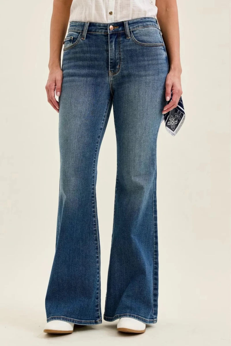 Judy Blue Mid Rise Jaqueline Flare with Triple Needle Back Pockets and Bandana Loop - AMVIM