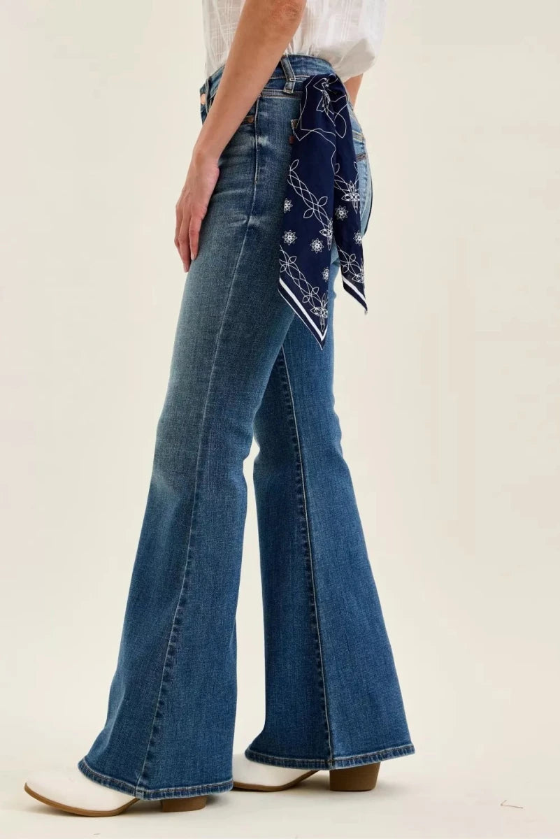 Judy Blue Mid Rise Jaqueline Flare with Triple Needle Back Pockets and Bandana Loop - AMVIM
