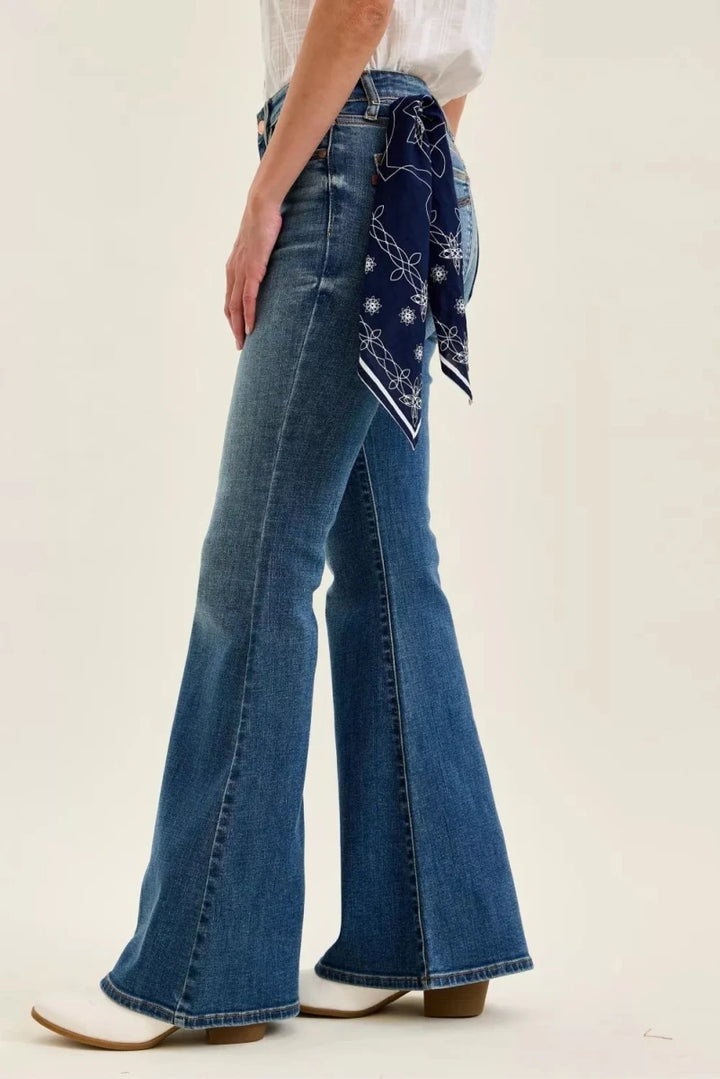 Judy Blue Mid Rise Jaqueline Flare with Triple Needle Back Pockets and Bandana Loop - AMVIM