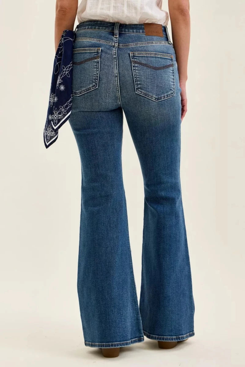 Judy Blue Mid Rise Jaqueline Flare with Triple Needle Back Pockets and Bandana Loop - AMVIM