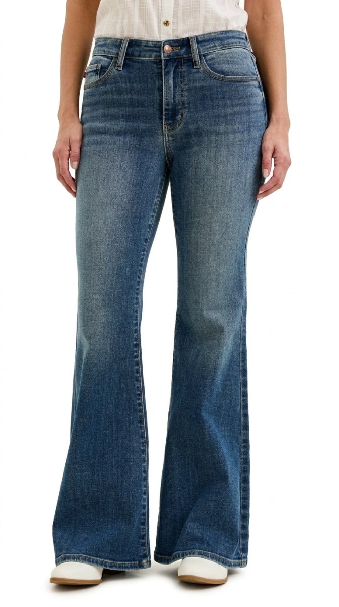 Judy Blue Mid Rise Jaqueline Flare with Triple Needle Back Pockets and Bandana Loop - AMVIM