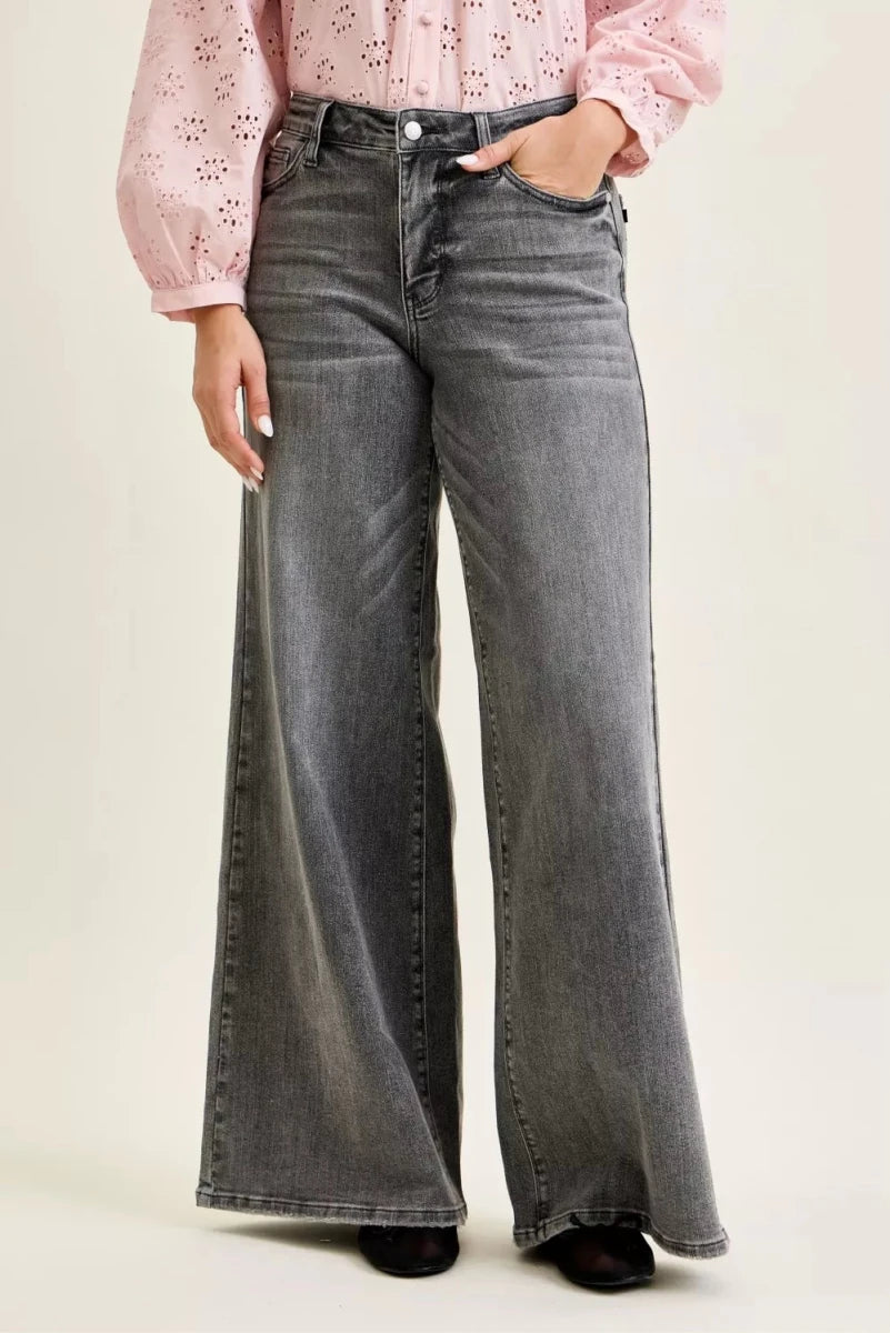 Judy Blue Mid Rise Palazzo with Split Back Yoke - AMVIM