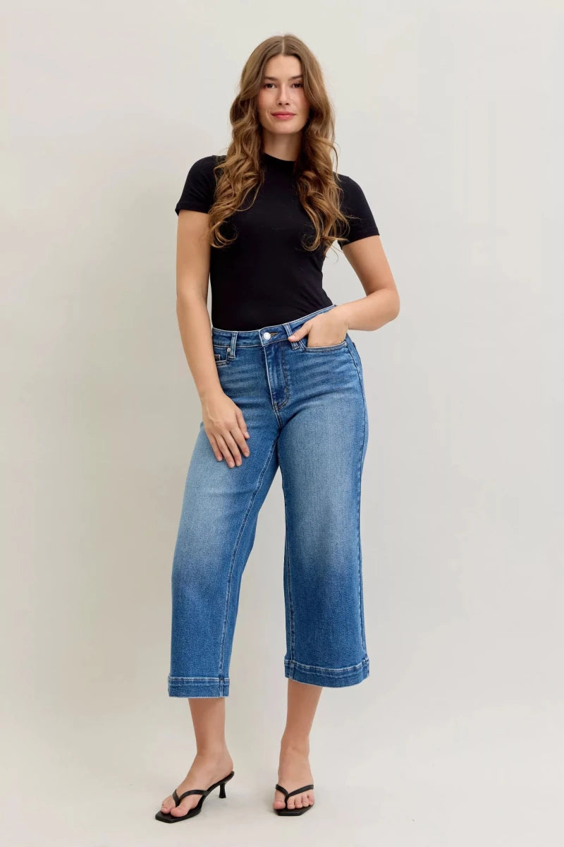Judy Blue Mid Rise Wide Leg Crop Jeans - AMVIM