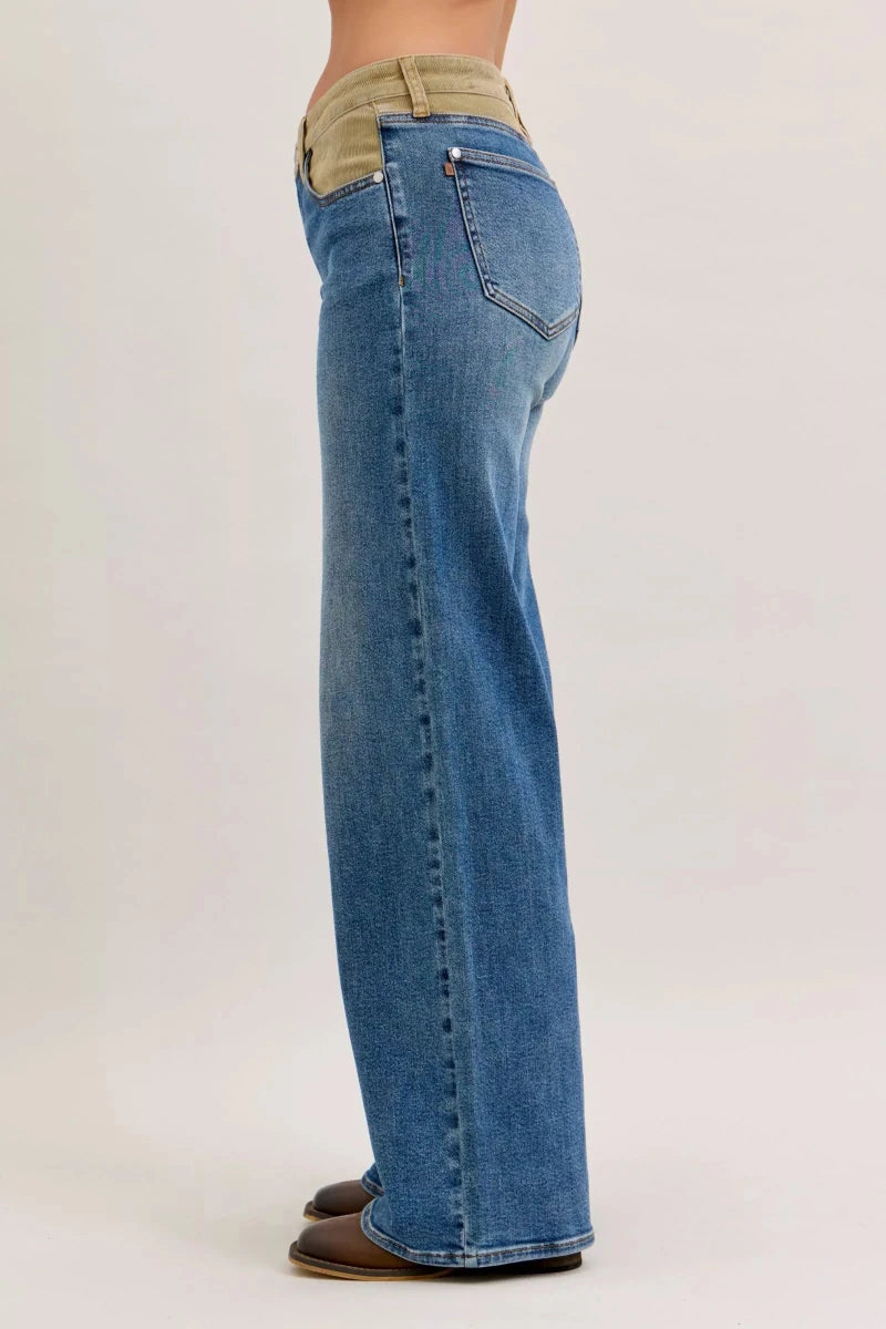 Judy Blue MR Column Straight Jeans with Corduroy Waistband - AMVIM