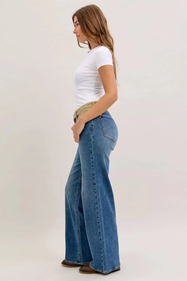 Judy Blue MR Column Straight Jeans with Corduroy Waistband - AMVIM