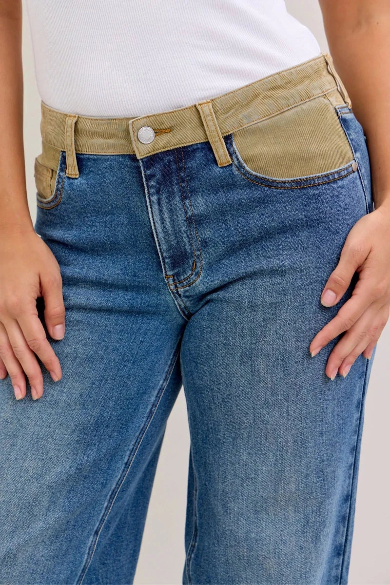 Judy Blue MR Column Straight Jeans with Corduroy Waistband - AMVIM