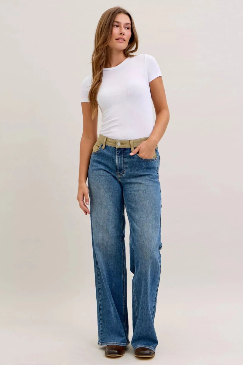 Judy Blue MR Column Straight Jeans with Corduroy Waistband - AMVIM