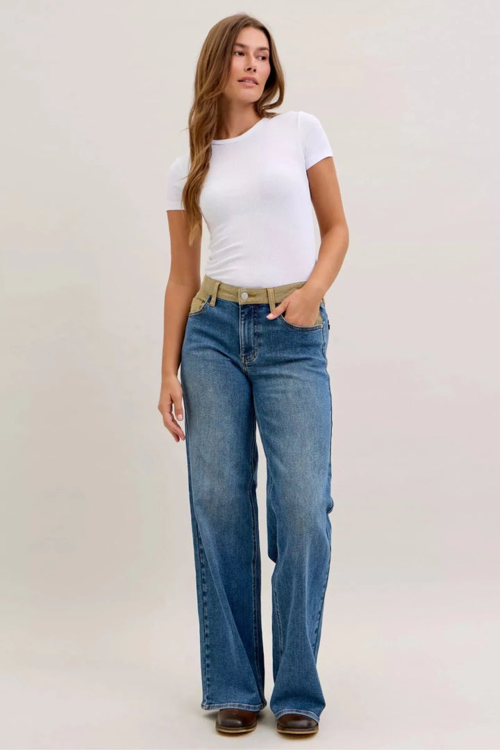 Judy Blue MR Column Straight Jeans with Corduroy Waistband - AMVIM
