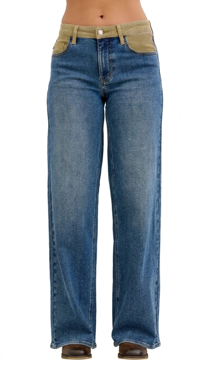 Judy Blue MR Column Straight Jeans with Corduroy Waistband - AMVIM