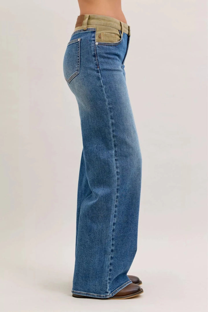 Judy Blue MR Column Straight Jeans with Corduroy Waistband - AMVIM