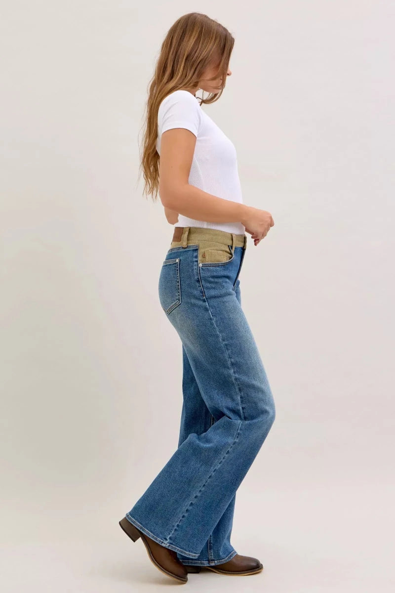 Judy Blue MR Column Straight Jeans with Corduroy Waistband - AMVIM