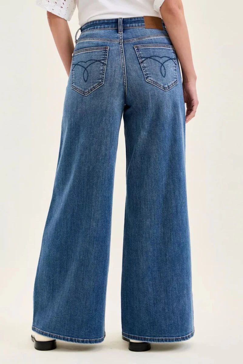 Judy Blue Palazzo Wide - Leg Jeans - High Waist Medium Blue - AMVIM