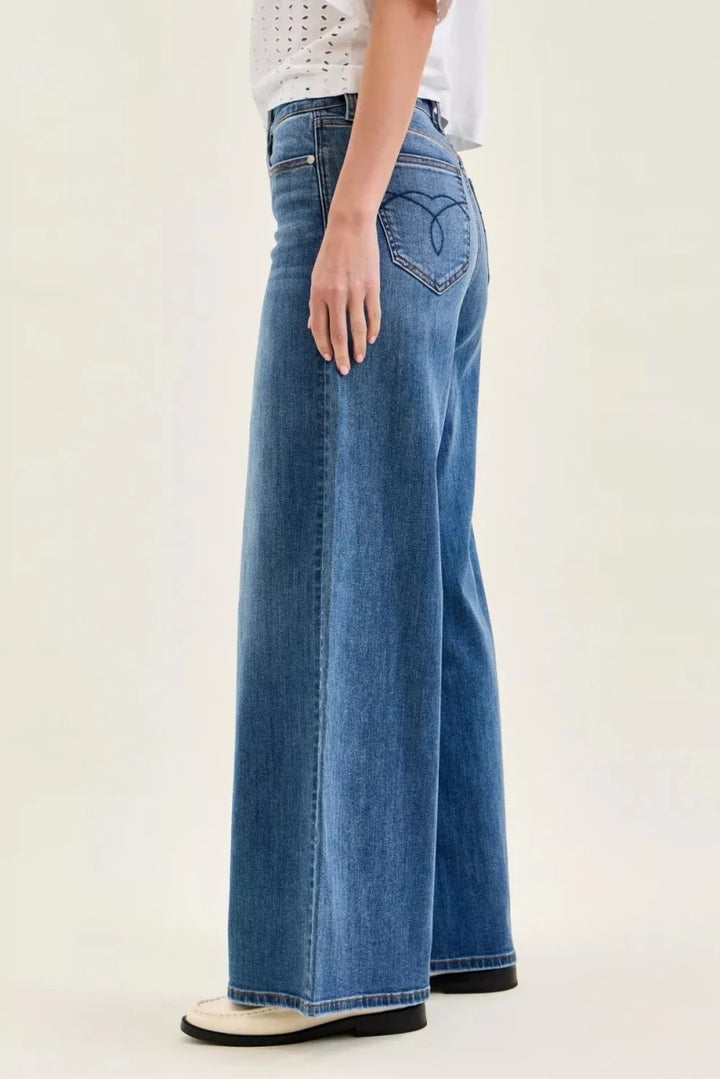 Judy Blue Palazzo Wide - Leg Jeans - High Waist Medium Blue - AMVIM