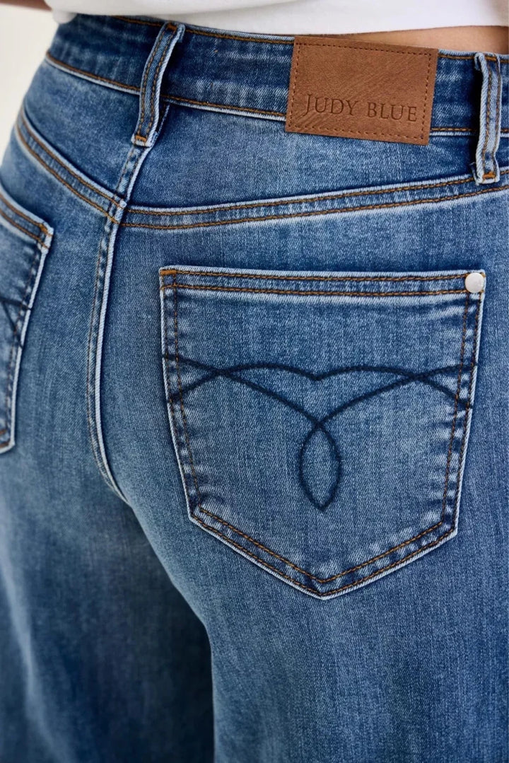 Judy Blue Palazzo Wide - Leg Jeans - High Waist Medium Blue - AMVIM
