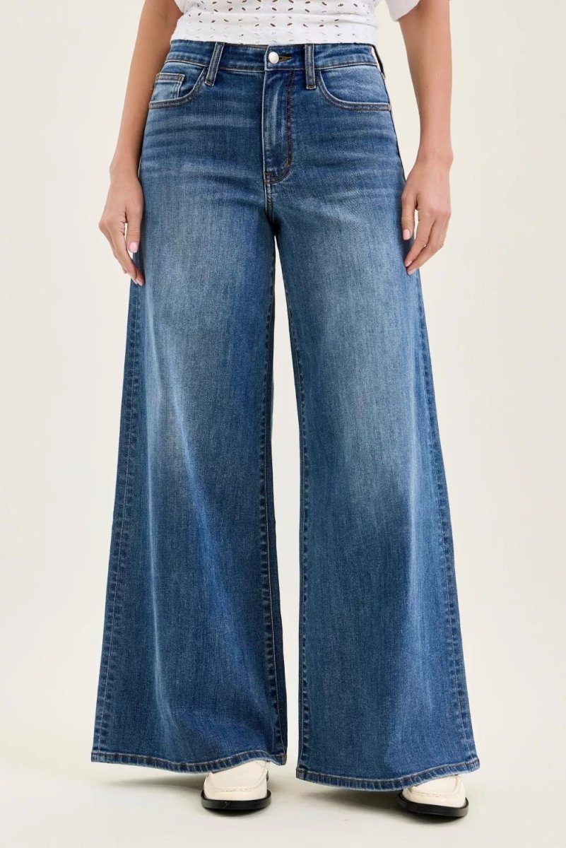 Judy Blue Palazzo Wide - Leg Jeans - High Waist Medium Blue - AMVIM
