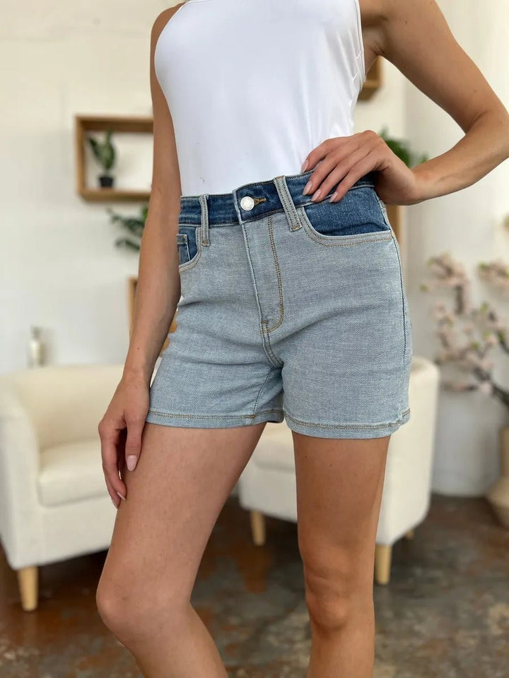 Judy Blue Plus Size Color Block Denim Shorts - AMVIM