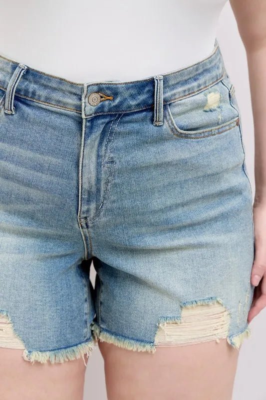 Judy Blue Plus Size Distressed Denim Shorts - High Waist Medium - AMVIM