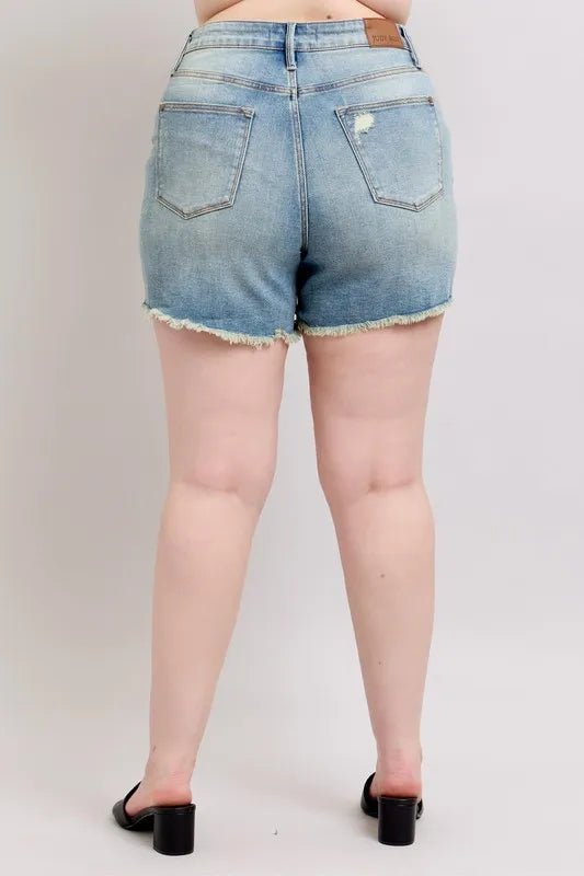 Judy Blue Plus Size Distressed Denim Shorts - High Waist Medium - AMVIM