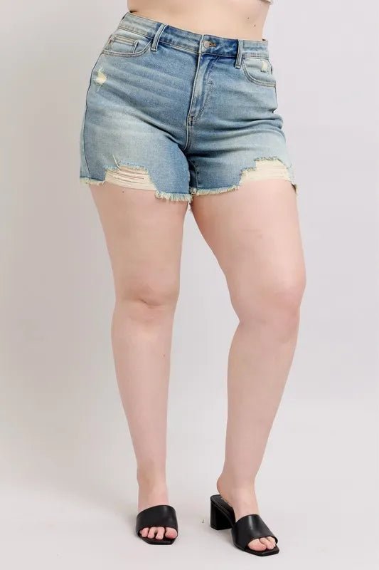 Judy Blue Plus Size Distressed Denim Shorts - High Waist Medium - AMVIM