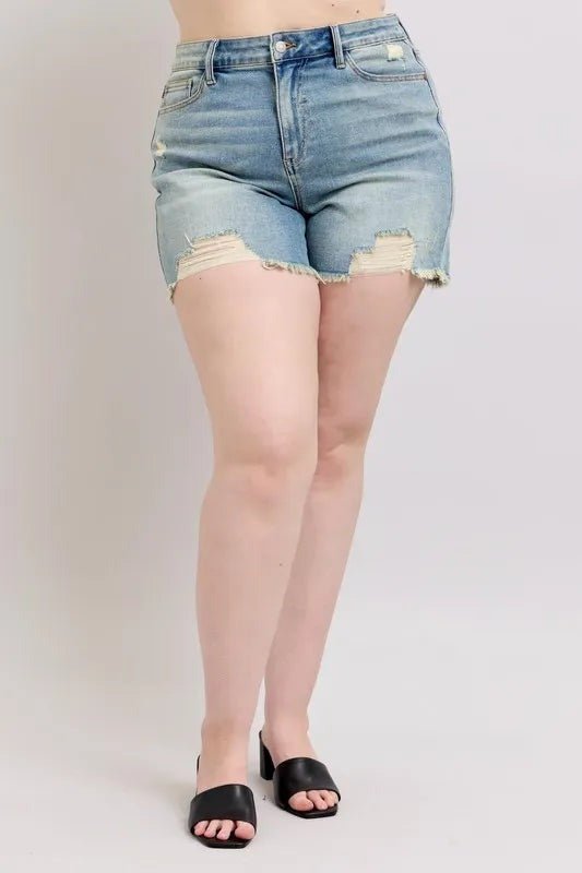 Judy Blue Plus Size Distressed Denim Shorts - High Waist Medium - AMVIM