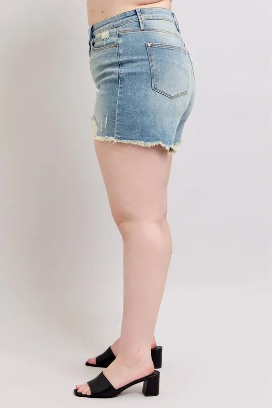 Judy Blue Plus Size Distressed Denim Shorts - High Waist Medium - AMVIM