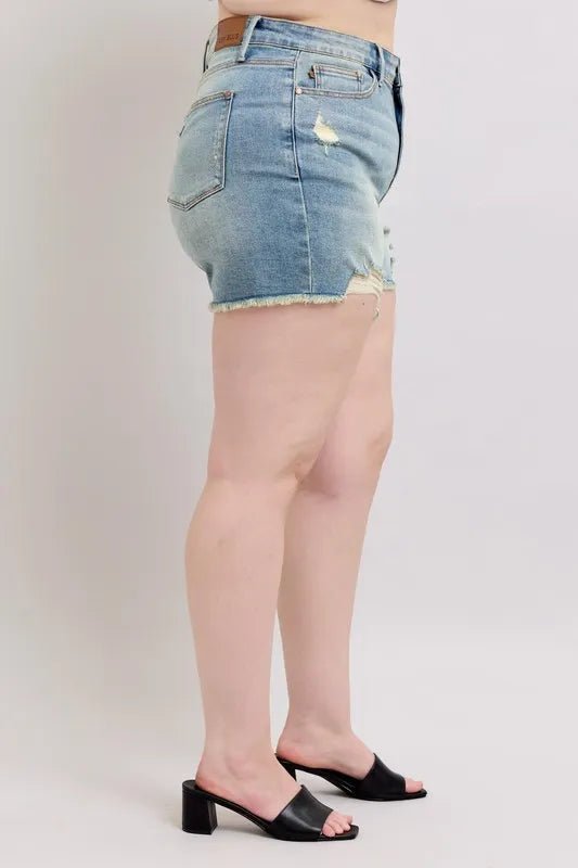 Judy Blue Plus Size Distressed Denim Shorts - High Waist Medium - AMVIM