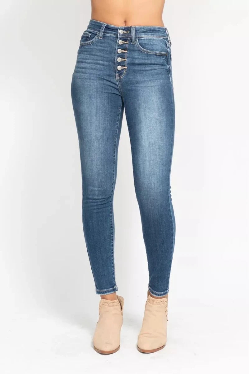 Judy Blue Plus Size High Rise Button Fly Skinny Jeans - AMVIM