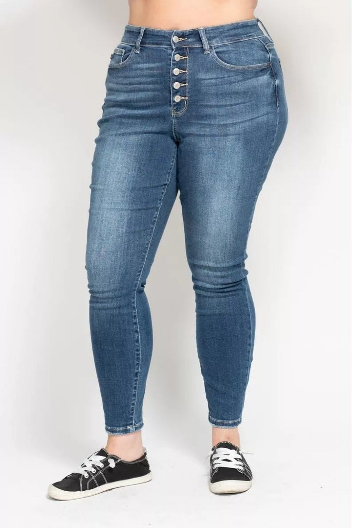 Judy Blue Plus Size High Rise Button Fly Skinny Jeans - AMVIM