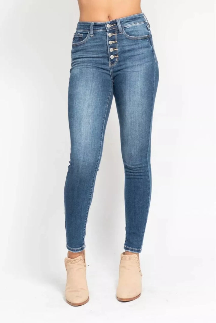 Judy Blue Plus Size High Rise Button Fly Skinny Jeans - AMVIM