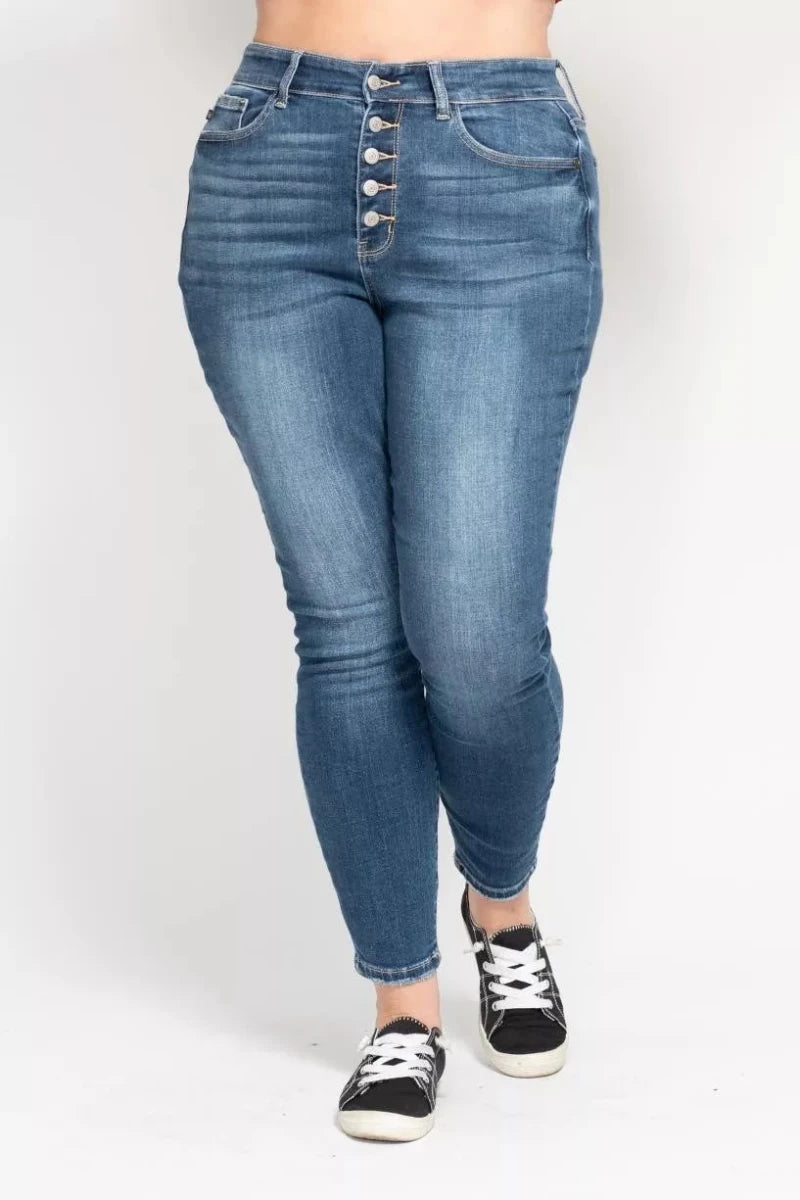 Judy Blue Plus Size High Rise Button Fly Skinny Jeans - AMVIM