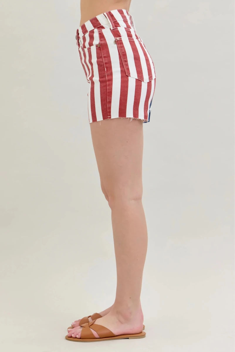 Judy Blue Plus Size High Waist Americana Flag Frayed Hem Shorts - AMVIM