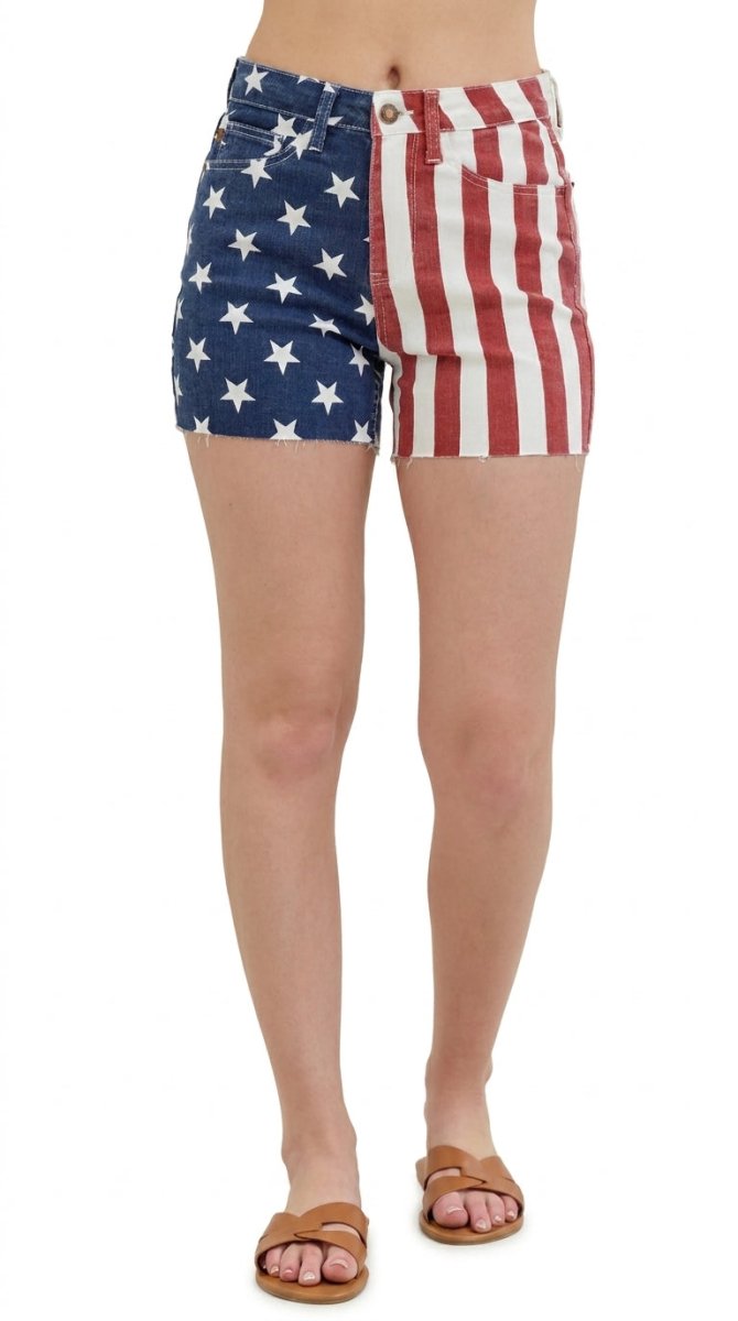 Judy Blue Plus Size High Waist Americana Flag Frayed Hem Shorts - AMVIM