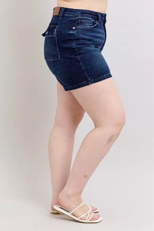 Judy Blue Plus Size High Waist Back Flap Pocket Denim Shorts - AMVIM
