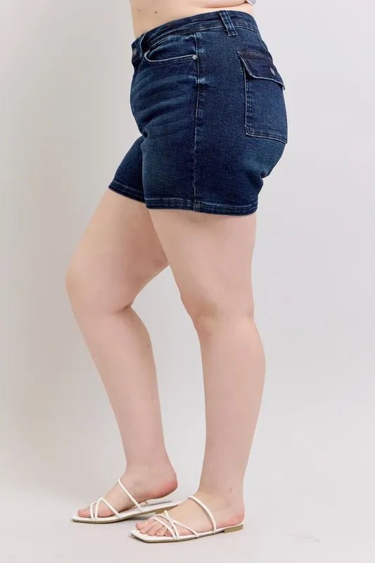 Judy Blue Plus Size High Waist Back Flap Pocket Denim Shorts - AMVIM