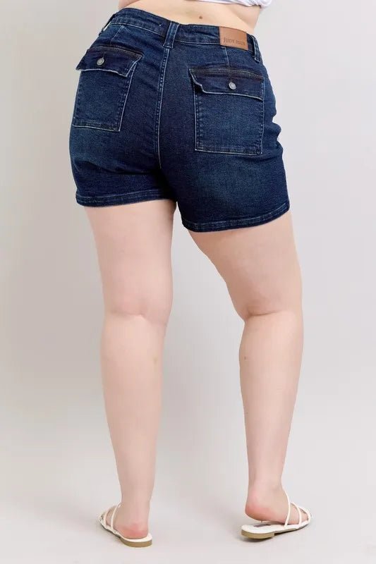 Judy Blue Plus Size High Waist Back Flap Pocket Denim Shorts - AMVIM