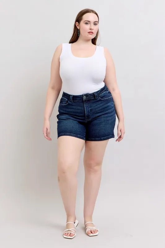 Judy Blue Plus Size High Waist Back Flap Pocket Denim Shorts - AMVIM