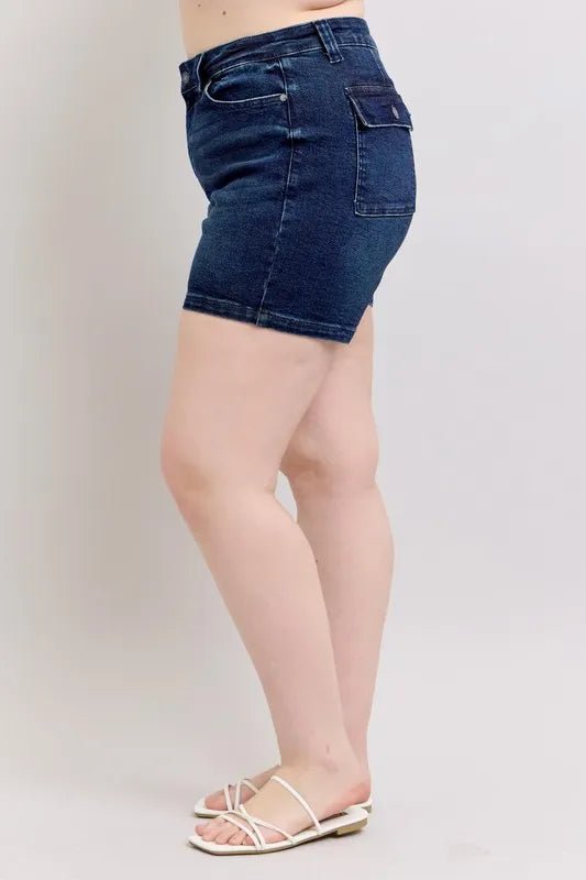 Judy Blue Plus Size High Waist Back Flap Pocket Denim Shorts - AMVIM