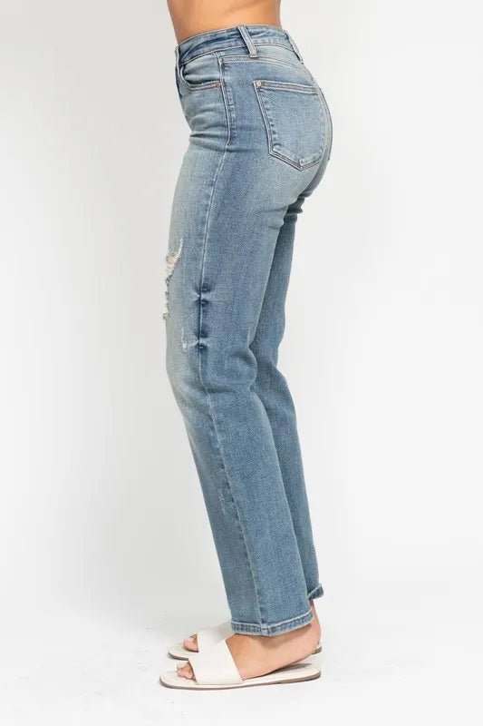Judy Blue Plus Size High Waist Distressed Dad Jeans - AMVIM