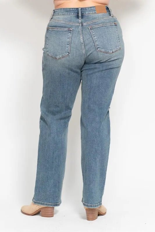 Judy Blue Plus Size High Waist Distressed Dad Jeans - AMVIM