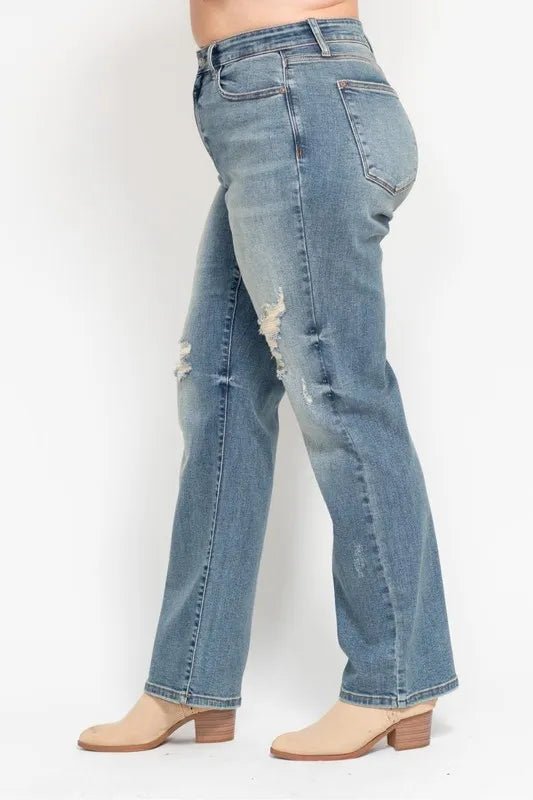 Judy Blue Plus Size High Waist Distressed Dad Jeans - AMVIM