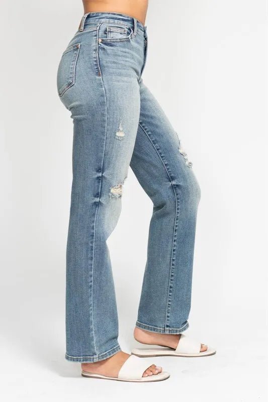 Judy Blue Plus Size High Waist Distressed Dad Jeans - AMVIM