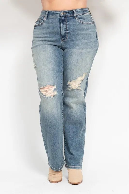 Judy Blue Plus Size High Waist Distressed Dad Jeans - AMVIM