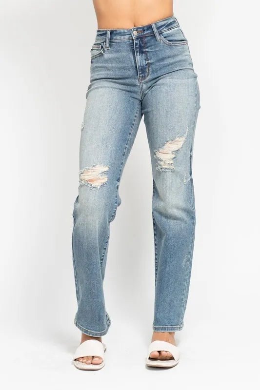 Judy Blue Plus Size High Waist Distressed Dad Jeans - AMVIM