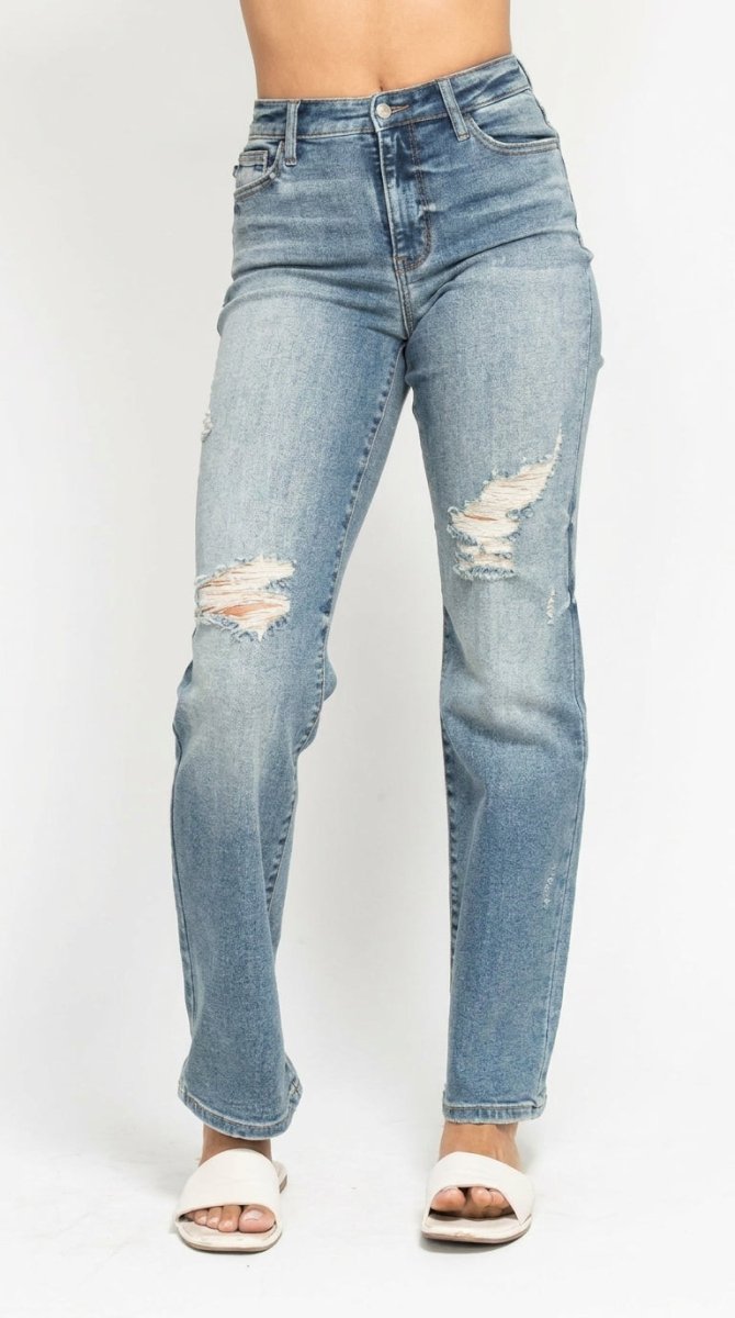Judy Blue Plus Size High Waist Distressed Dad Jeans - AMVIM