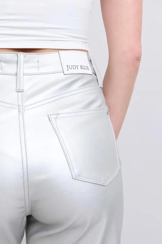 Judy Blue Plus Size High Waist Silver Faux Leather Pants - AMVIM