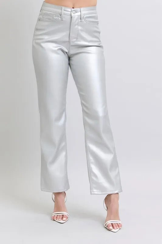 Judy Blue Plus Size High Waist Silver Faux Leather Pants - AMVIM