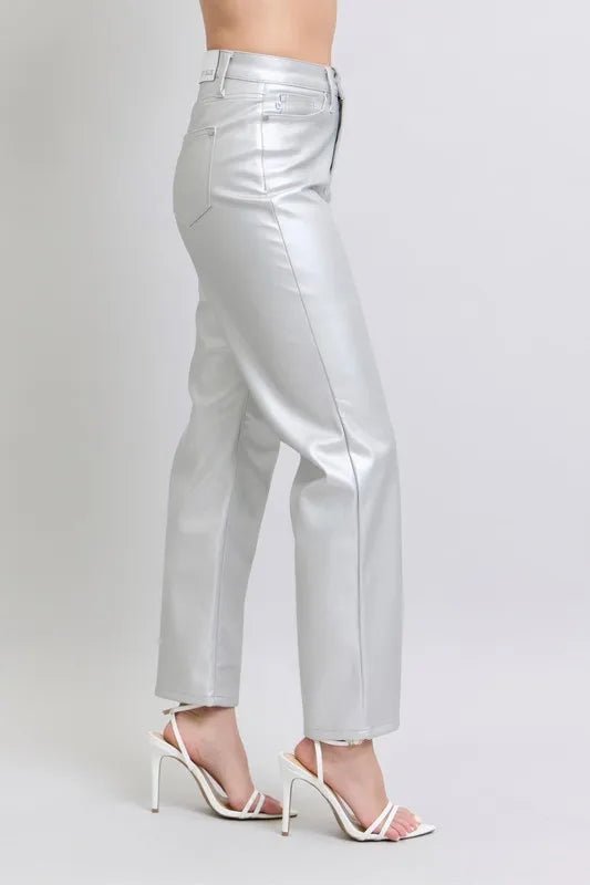 Judy Blue Plus Size High Waist Silver Faux Leather Pants - AMVIM